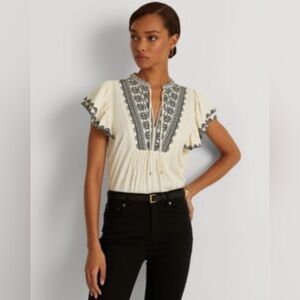 Lauren Ralph Lauren Black Label Slub Jersey Flutter Sleeve Top Medium Cream